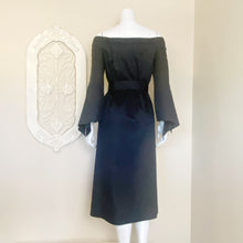 Load image into Gallery viewer, Tibi | Womens Black Off Shoulder Tie Waist and Sleeve Midi Dress | Size: 0