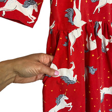 Load image into Gallery viewer, Hanna Andersson | Girls Red with Unicorn Print Short Sleeved Fit and Flare Dress | Size: 8Y
