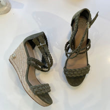 Load image into Gallery viewer, Tory Burch Women’s Green Leather Ankle Strap Espadrille Wedge Sandal size 10