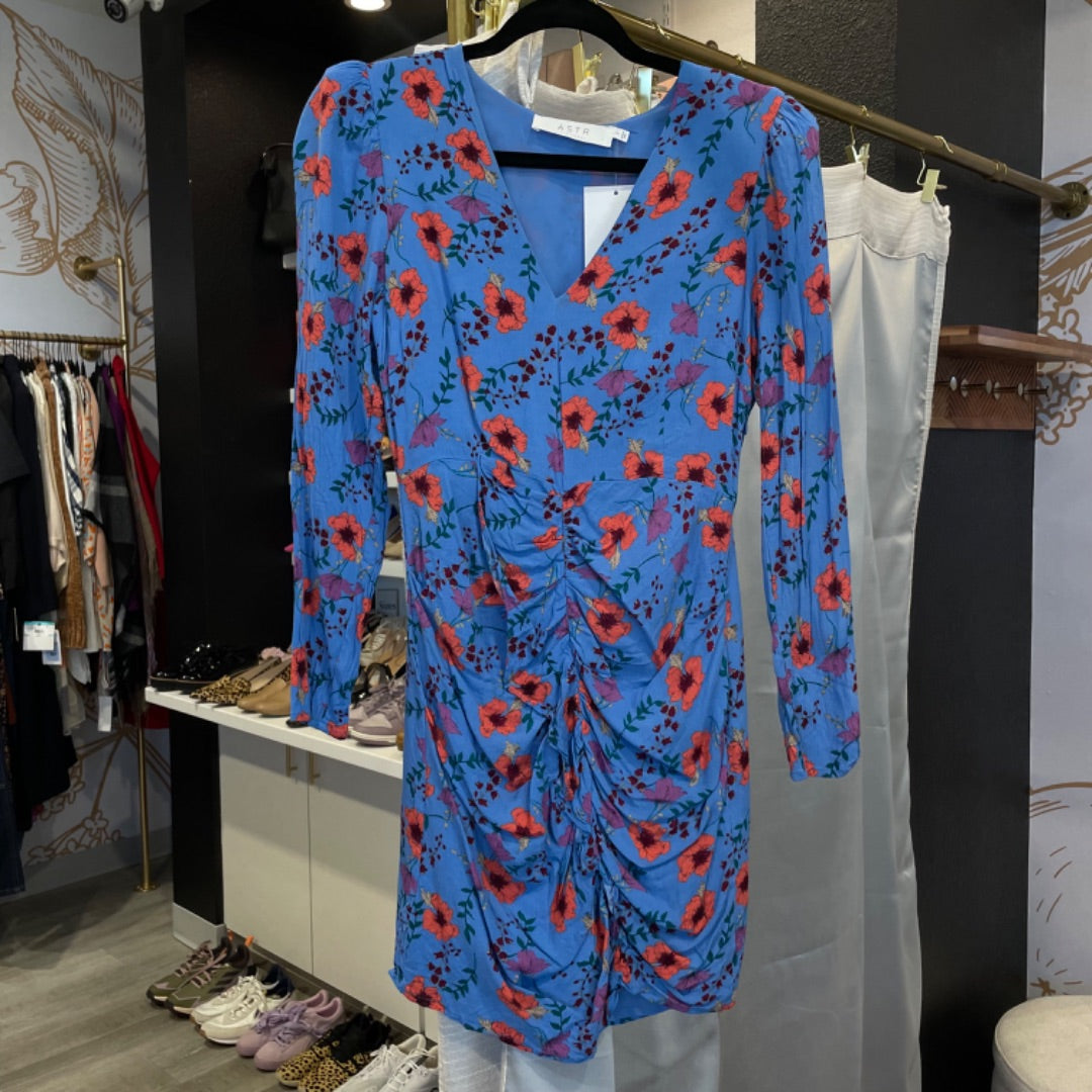 ASTR | Women's Blue and Orange Floral Print Long Sleeve Dress | Size: SAVOUR Clothing ASTR | Women's Blue and Orange Floral Print Long Sleeve Dress | Size: SAVOUR Clothing