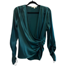Load image into Gallery viewer, Jonathan Simkhai women’s green silky ruched top with sculpted draping, size Small