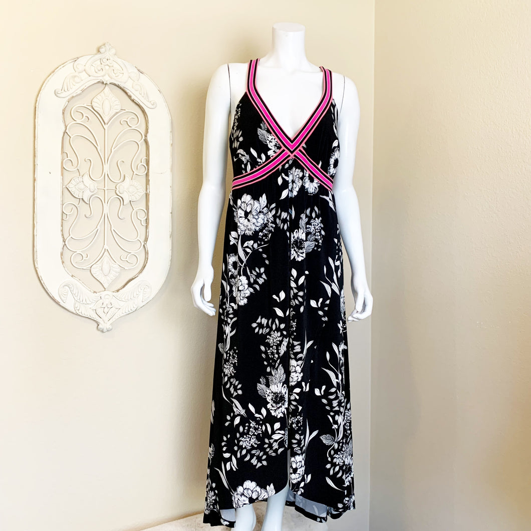 INC | Women's Black and White Floral Print with Pink Trim Mom's Day Midi Dress with Tags | Size: L