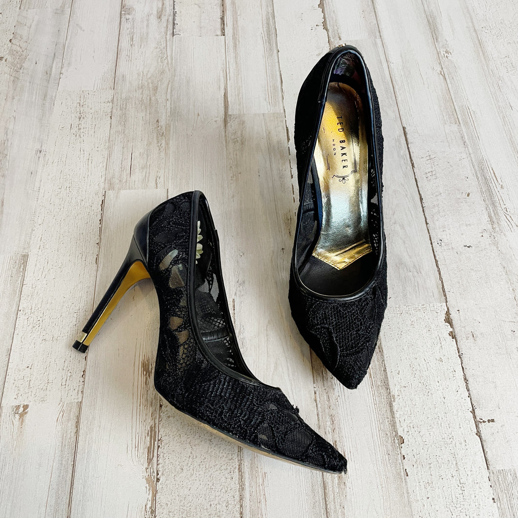Ted Baker | Women's Black Designer Lace Pointed Toe Heels | Size: 6.5