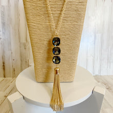 Load image into Gallery viewer, Womens Gold and Blue Blackish Three Stone with Tassel Necklace

