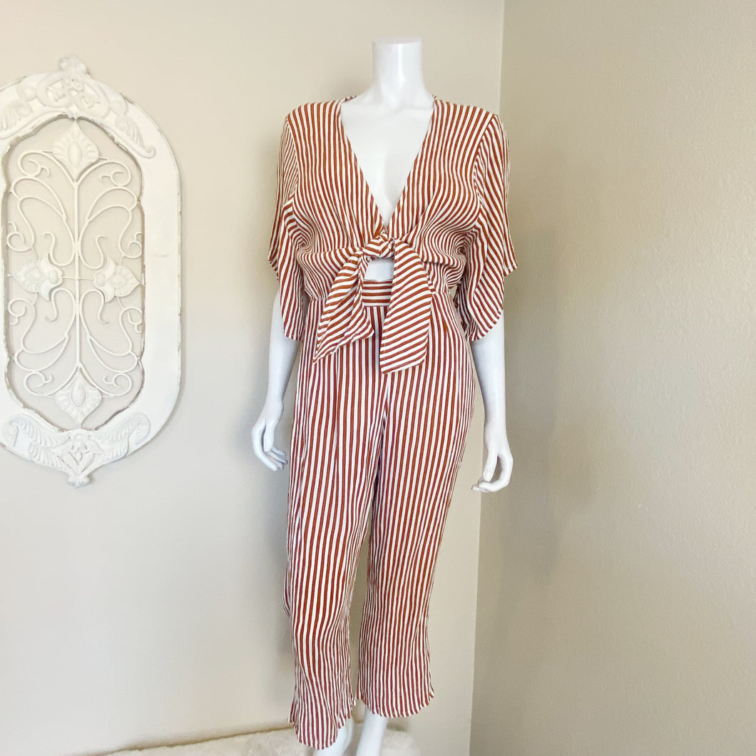 Faithful The Brand | Women's Rust and White Stripe Tie Knot Front Jumpsuit | Size: 4