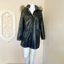 Load image into Gallery viewer, Damselle | Womens Black Vintage Leather Coat with Fur Lined Hood | Size: 12
