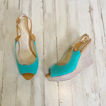 Load image into Gallery viewer, Cite | Women&#39;s Turquoise and Brown Fabric Open Toe Espadrille Sling Back Sandal | Size: 8
