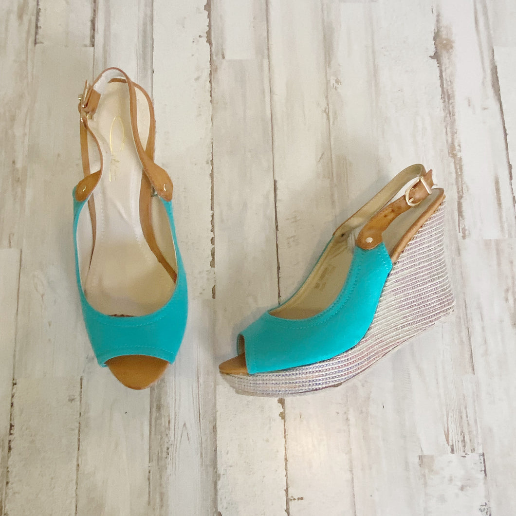 Cite | Women's Turquoise and Brown Fabric Open Toe Espadrille Sling Back Sandal | Size: 8