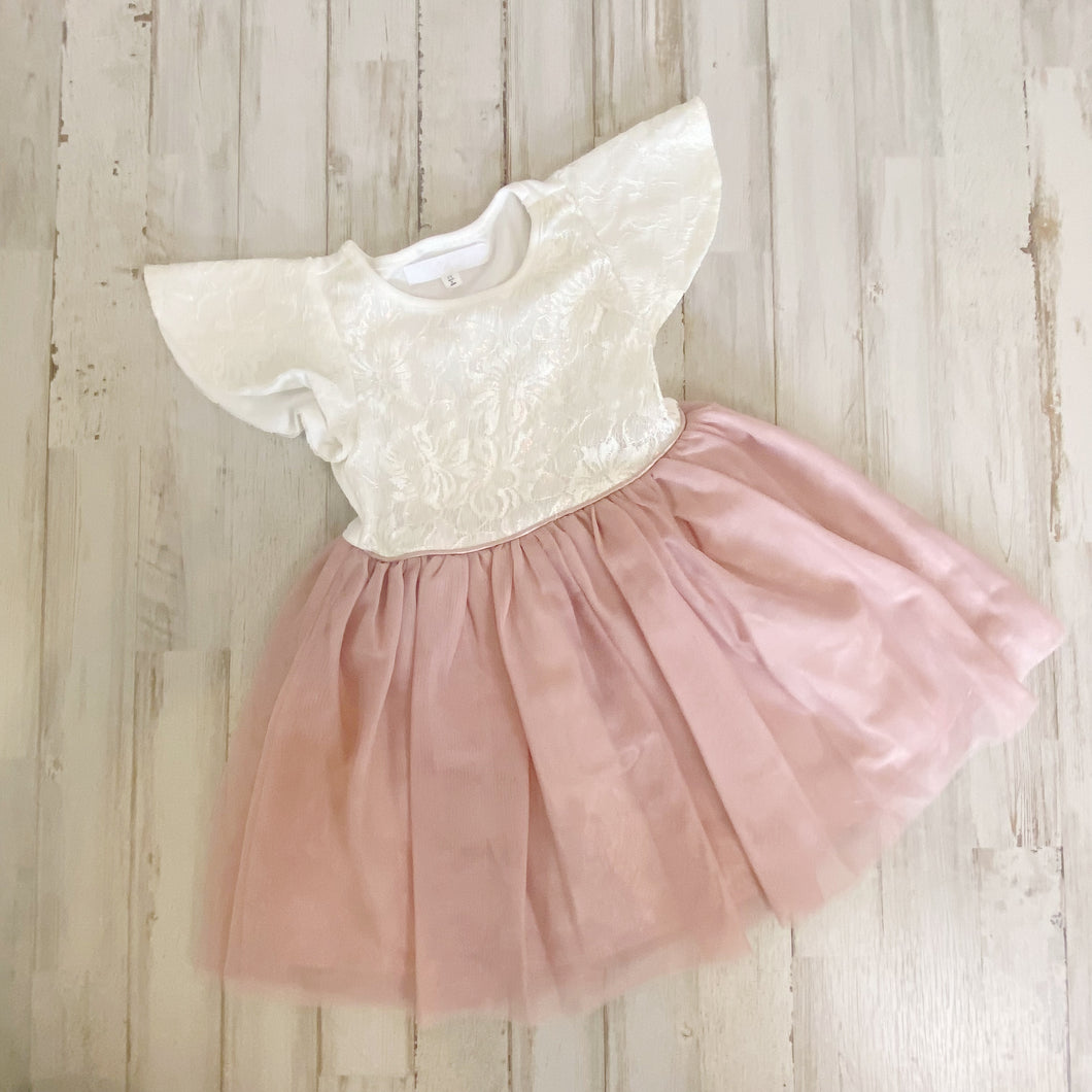 Girl's Ivory Metallic Lace Top Cap Sleeve Dress with Dusty Rose Tulle Bottom | Size: 2T