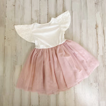 Load image into Gallery viewer, Girl&#39;s Ivory Metallic Lace Top Cap Sleeve Dress with Dusty Rose Tulle Bottom | Size: 2T
