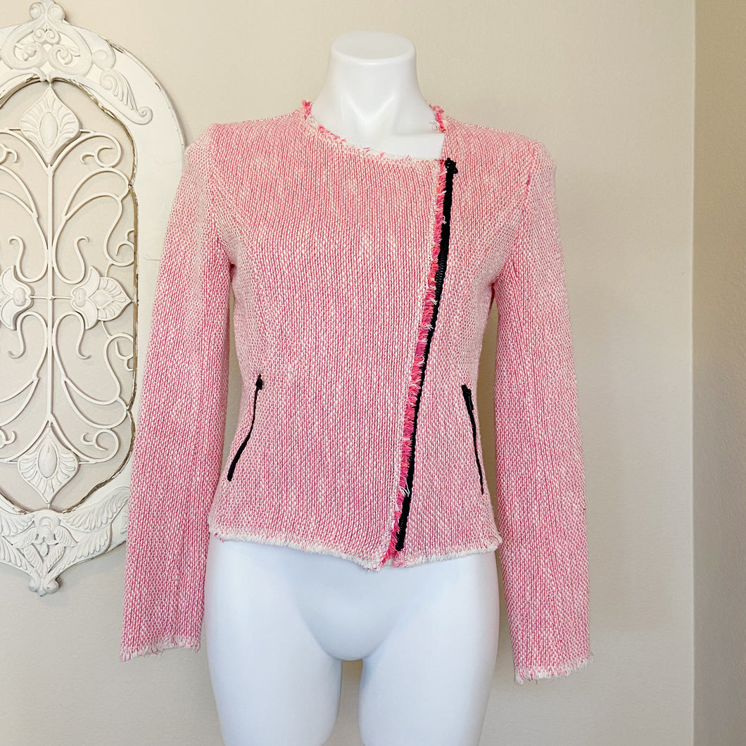 Stradivarius | Womens Hot Pink and White Knit Zip Front Crop Moto Jacket | Size: L