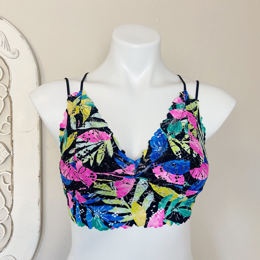 Pink | Womens Colorful Tropical Print Lace Bralette | Size: S
