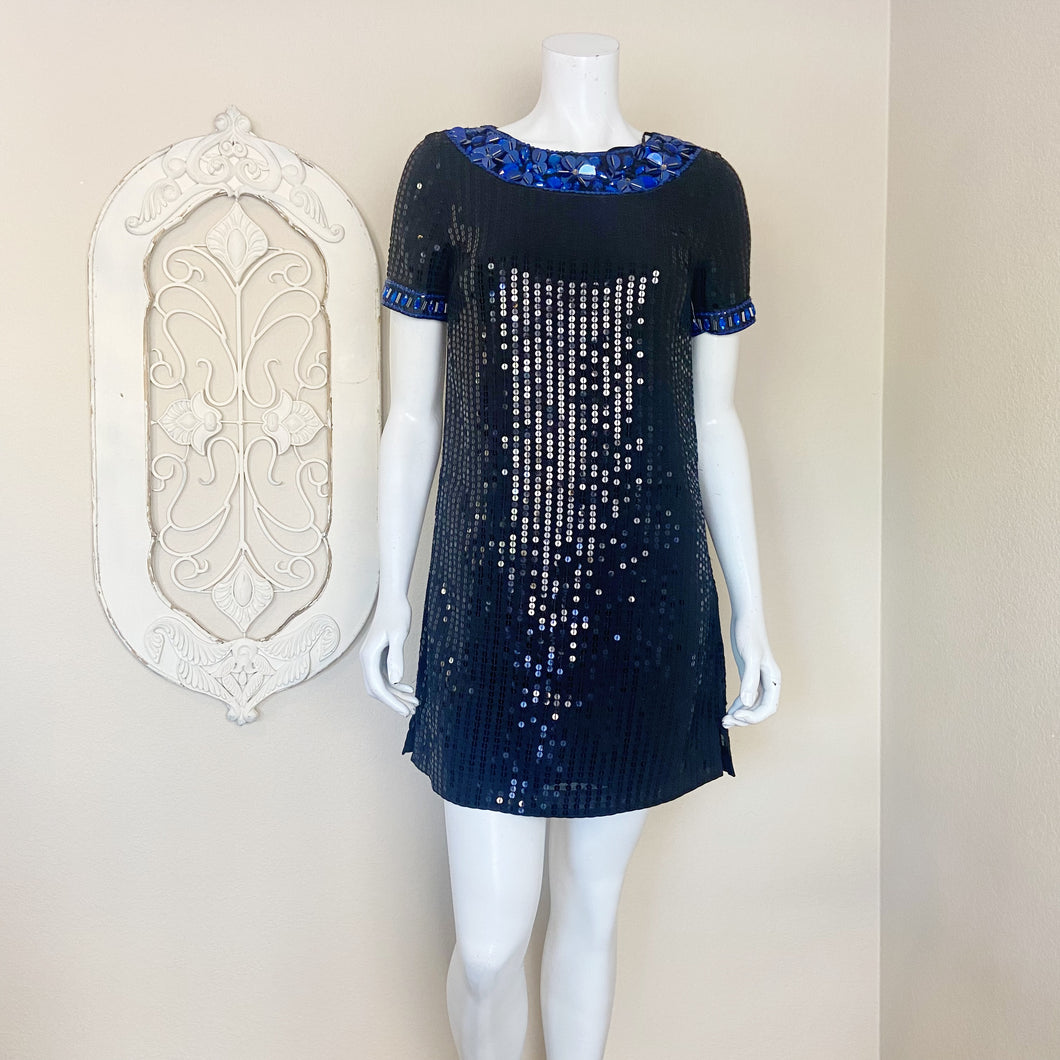 CeCe | Womens Black and Blue Sequin Short Sleeve Shift Dress | Size: 2