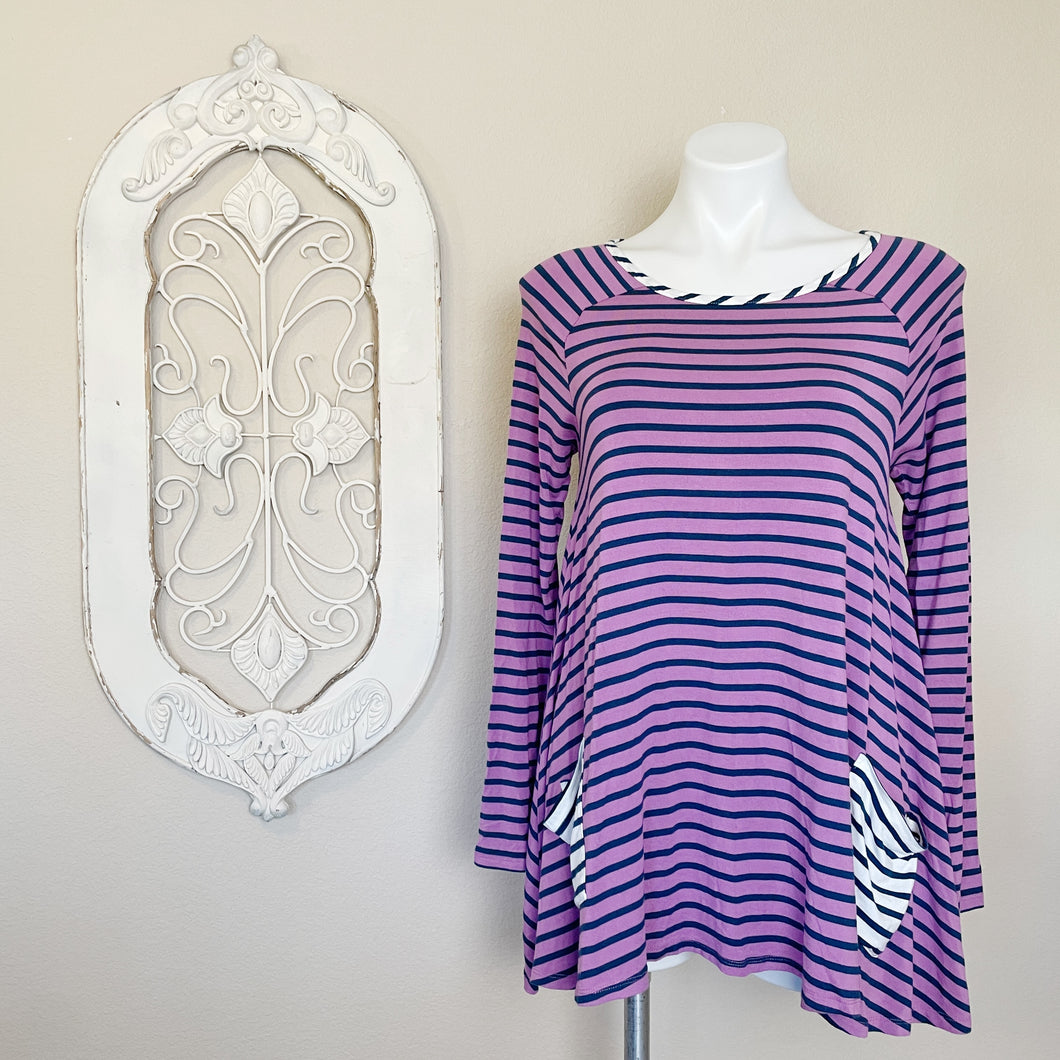 Matilda Jane | Womens Purple and Navy Blue Stripe Long Sleeve Tunic Top with Pockets | Size: S