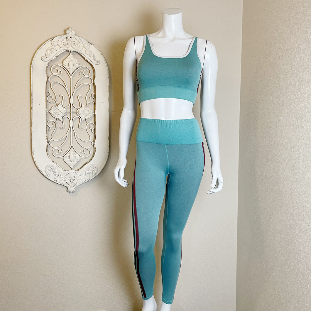 Womens Aqua Green and Stripe Knit Retro Style Legging and Bra Set | Size: XS
