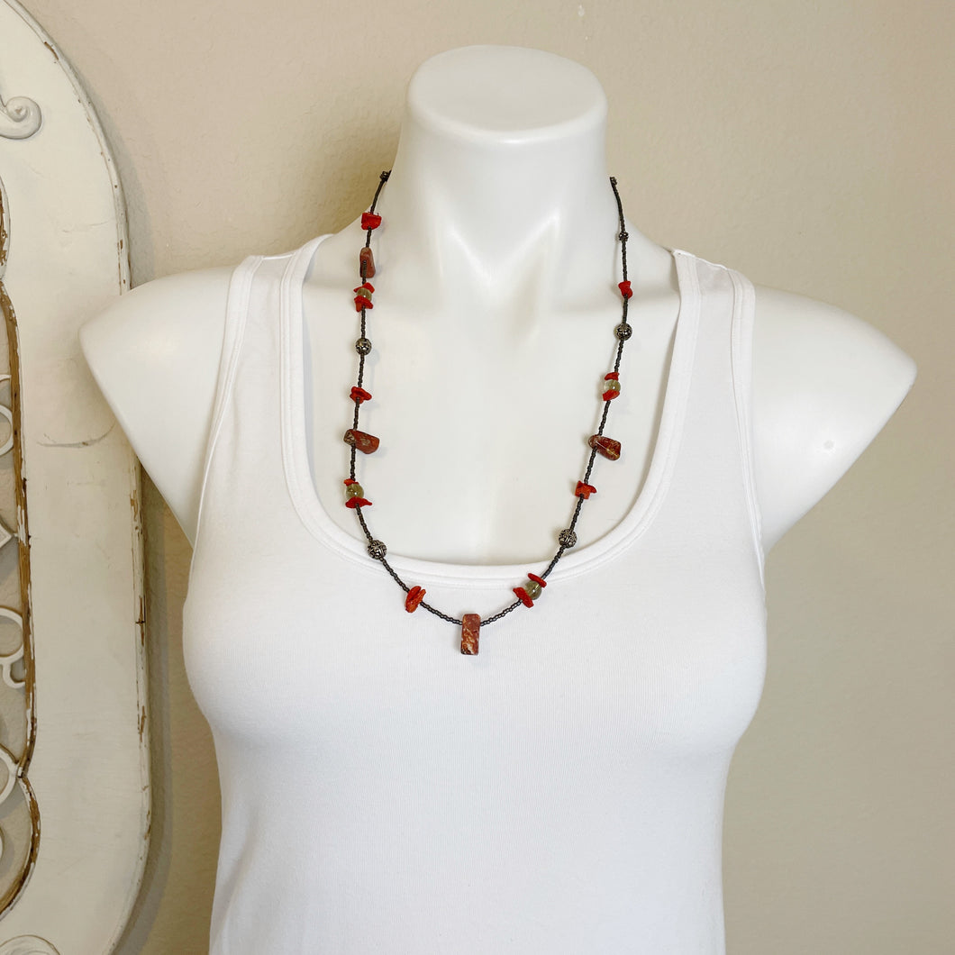 Womens Silver Bead and Rock Boho Style Southwestern Necklace