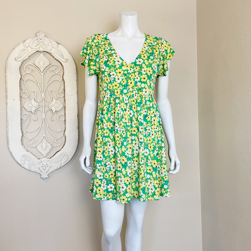 Abound | Womens Green and Yellow Floral Print Short Sleeve Mini Dress | Size: S