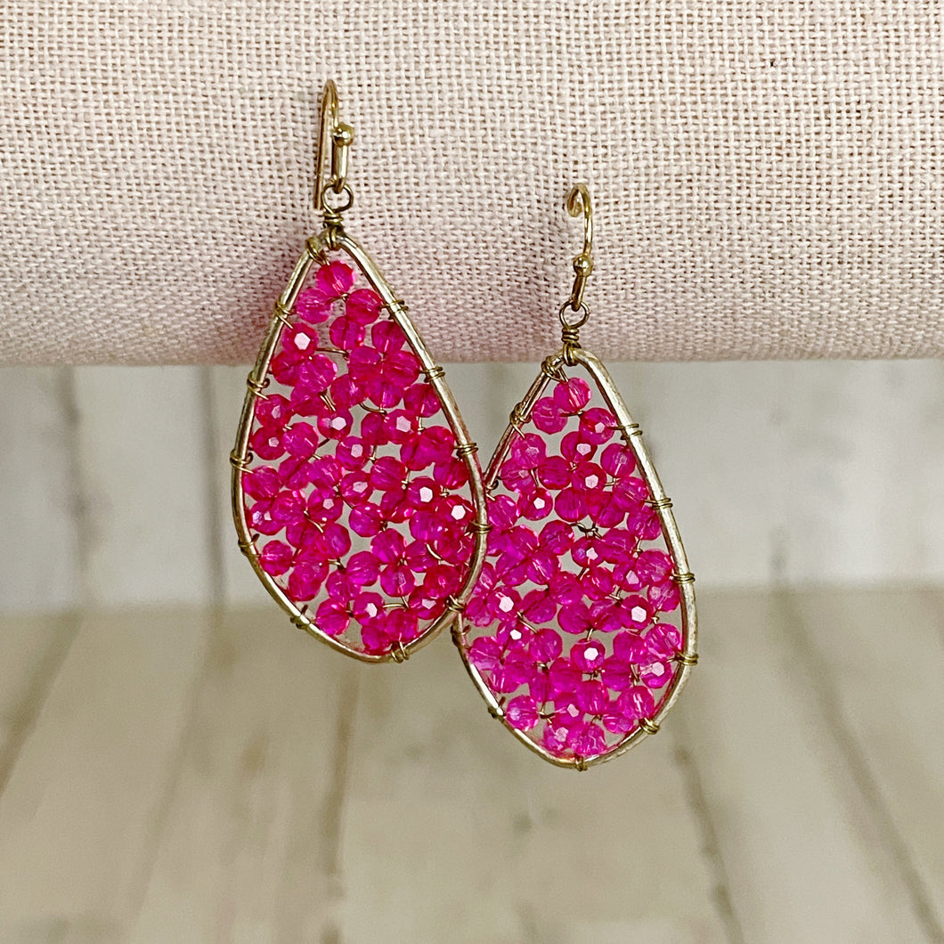 Womens Gold and Pink Bead Teardrop Earrings