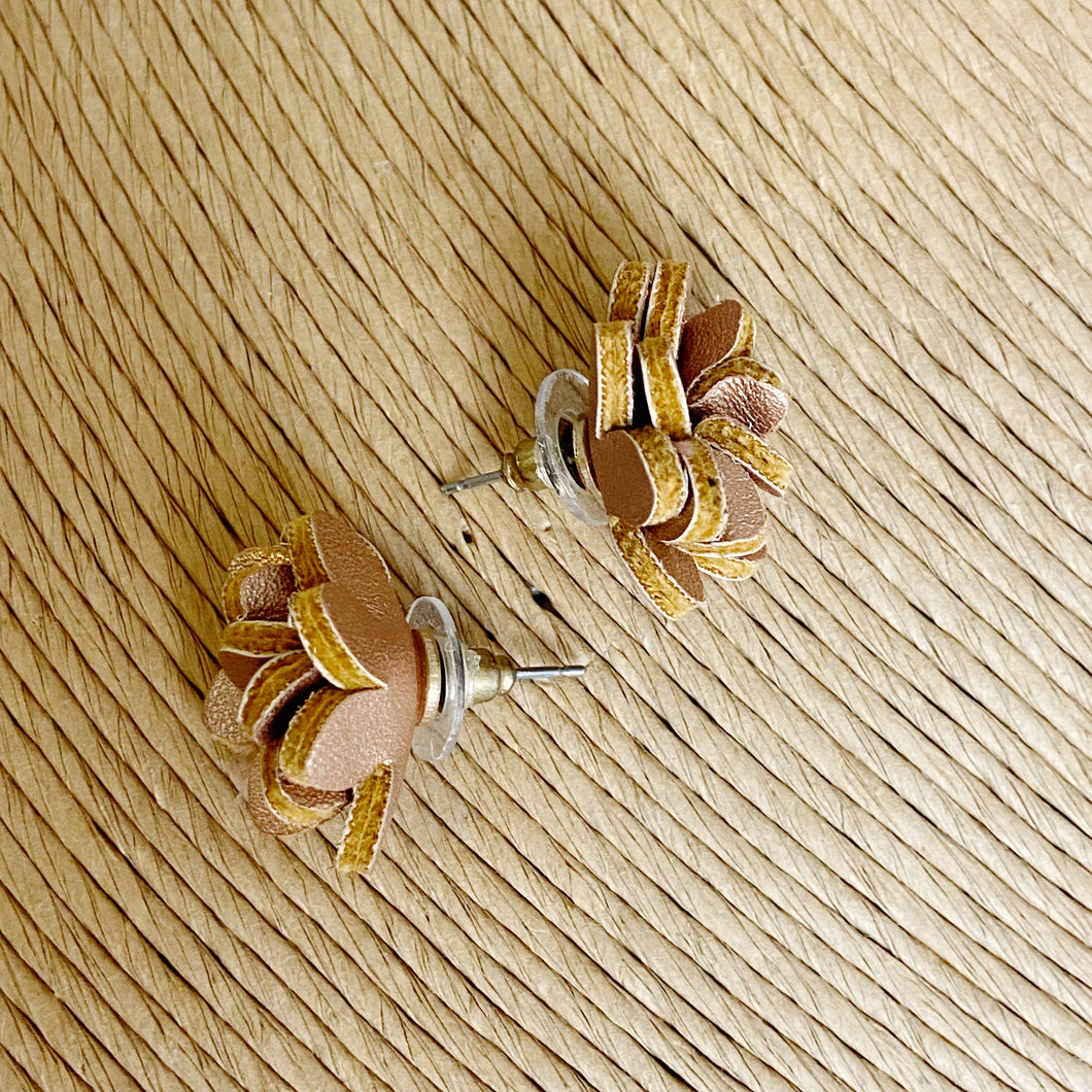 Women's Rose Gold Leather Floral Stud Earrings