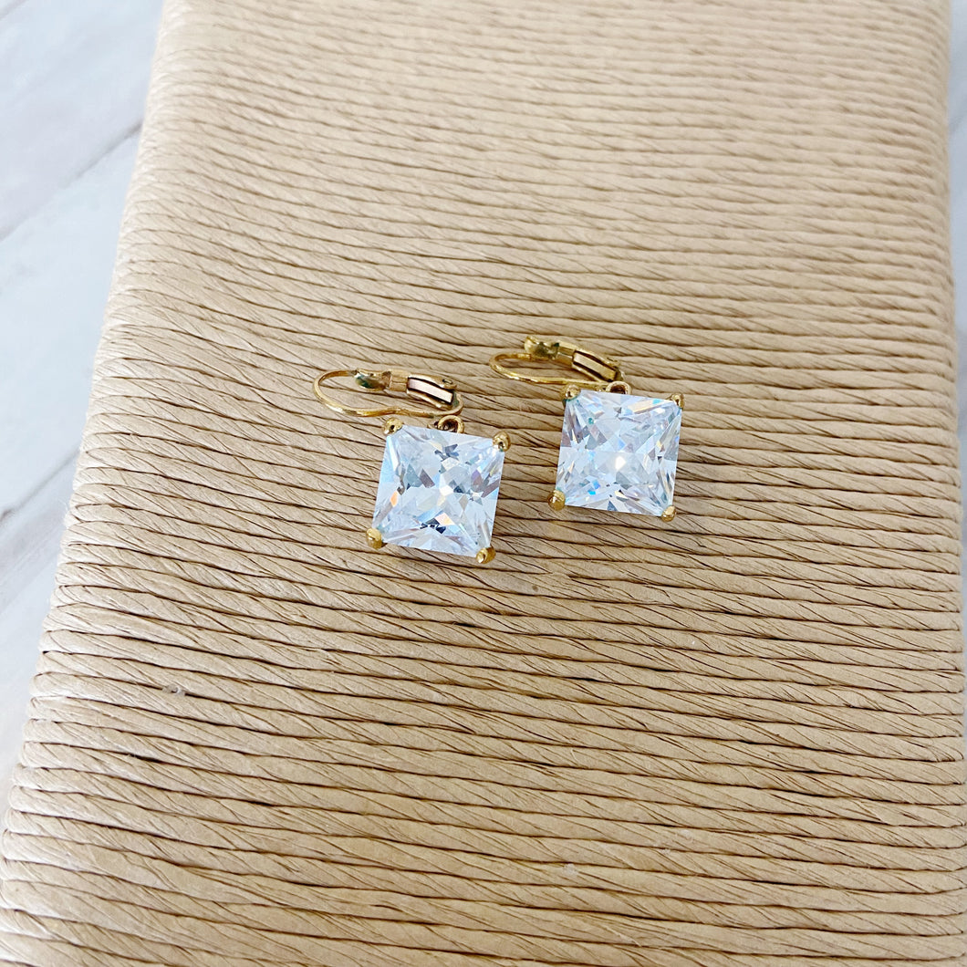 Womens Gold and Faux Square Diamond Dangle Earrings