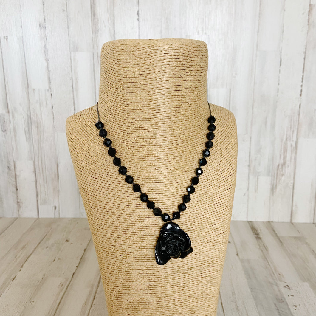 Womens Black Rose and Bead Short Necklace