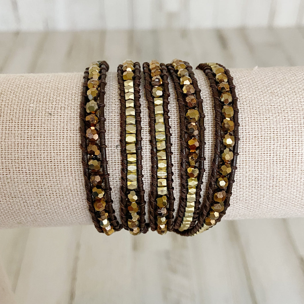 Nakamol | Womens Brown Leather and Gold Boho Bead 5 Layer Wrap Bracelet