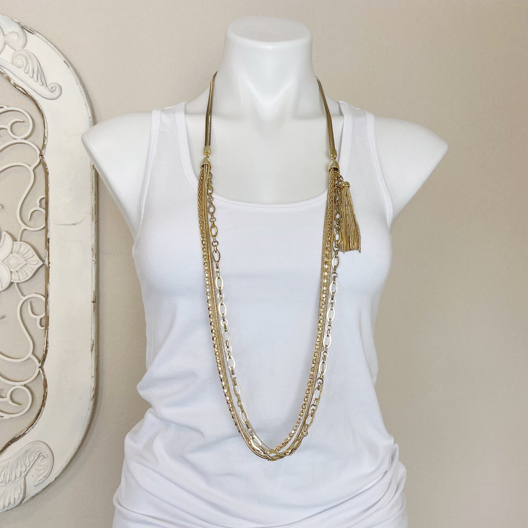 Chico's | Women's Gold Long Chain and Tassel Mixed Media Necklace