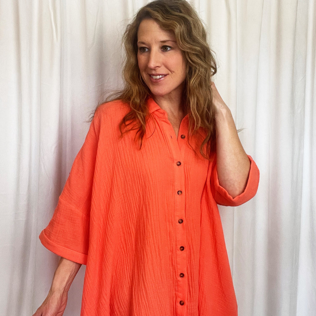 Ces Femme | Women's Coral Wrinkle Gauze Short Sleeve Button Down Top with Tags | Size: L