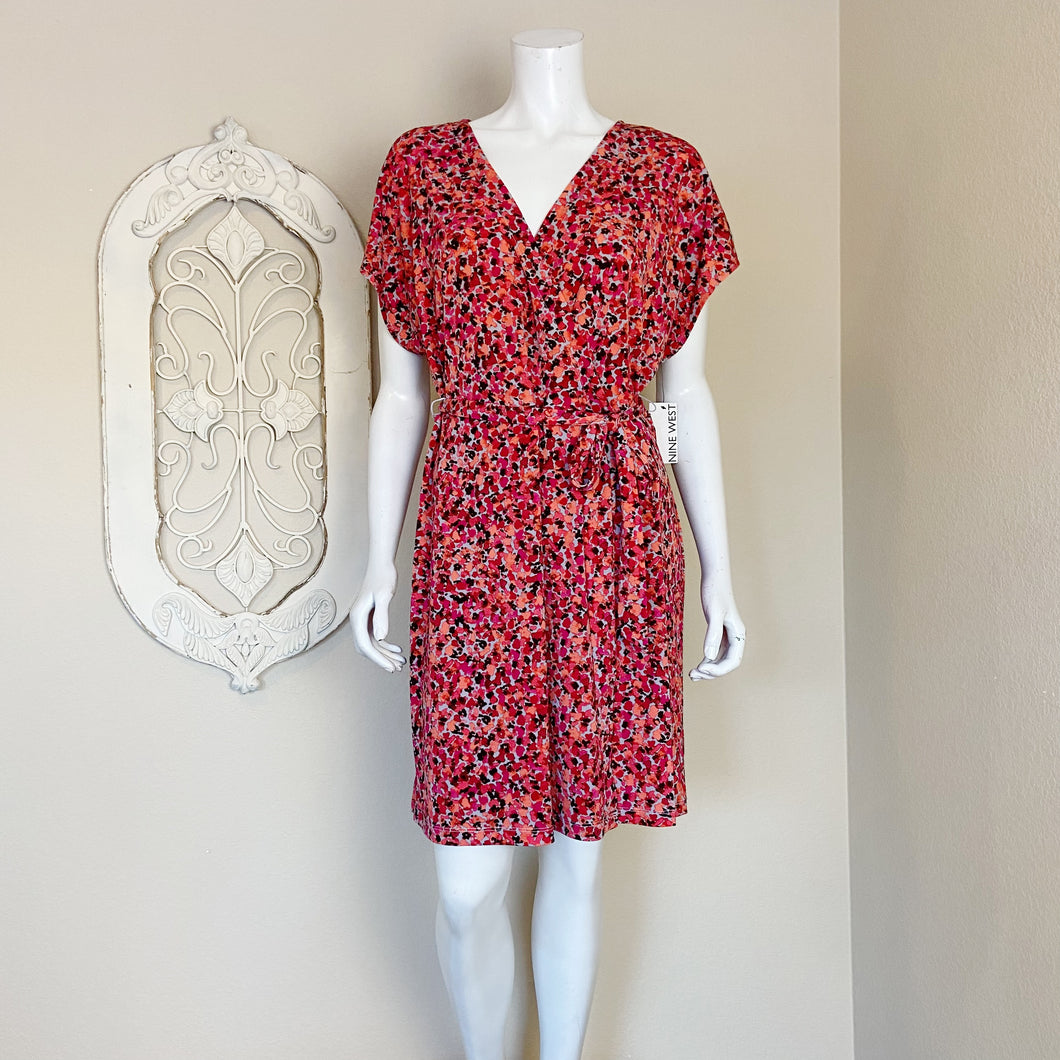 Nine West | Women's Pink and Orange Floral Print Short Sleeve Belted Dress with Tags | Size: XL