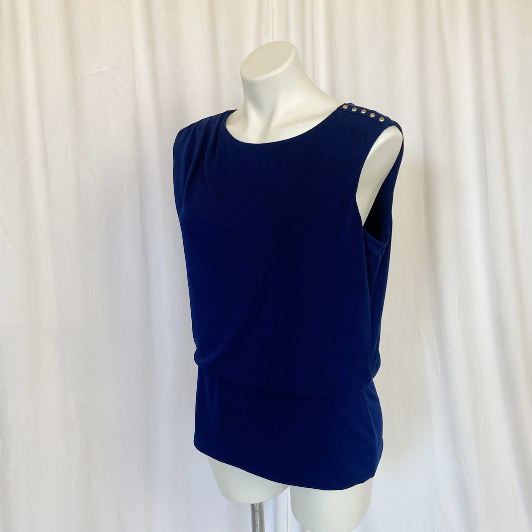 White House Black Market | Women's Dark Navy Blue Sleeveless Blouse with Studded Shoulders | Size: L