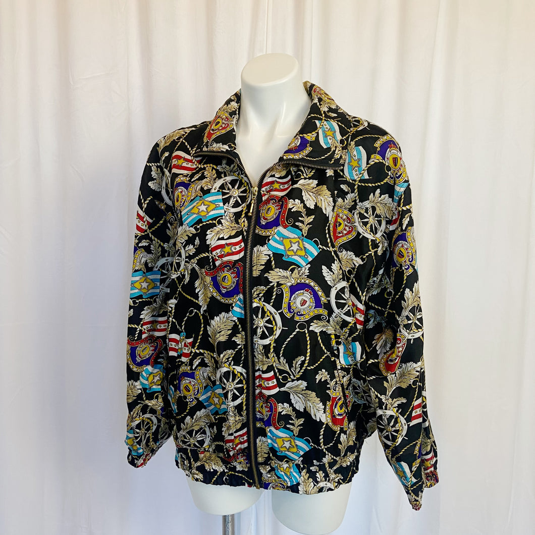 EVR | Women's Black Vintage Nautical Print Silk Zip Front Jacket | Size: M