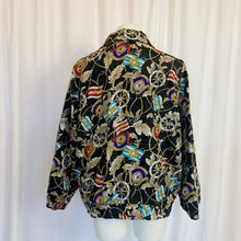Load image into Gallery viewer, EVR | Women&#39;s Black Vintage Nautical Print Silk Zip Front Jacket | Size: M
