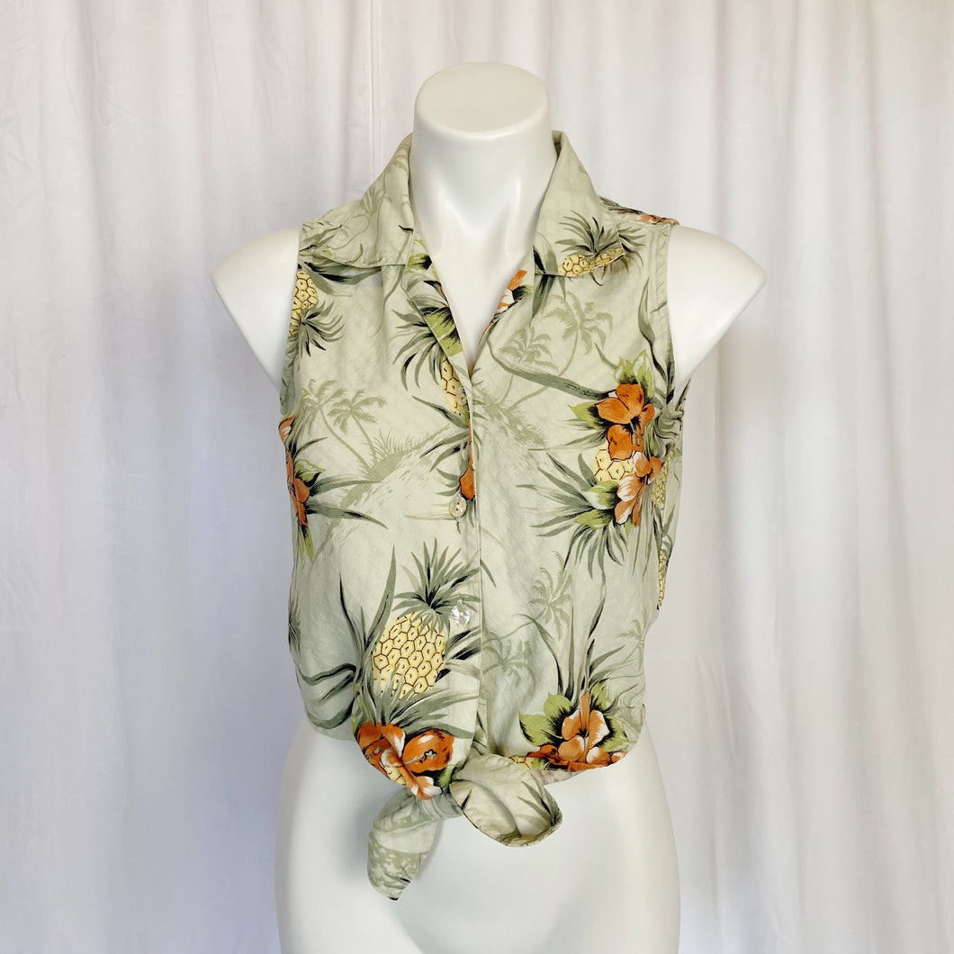 Tommy Bahama | Women's Green Silk Tropical Print Sleeveless Tie Front Button Down Top | Size: S