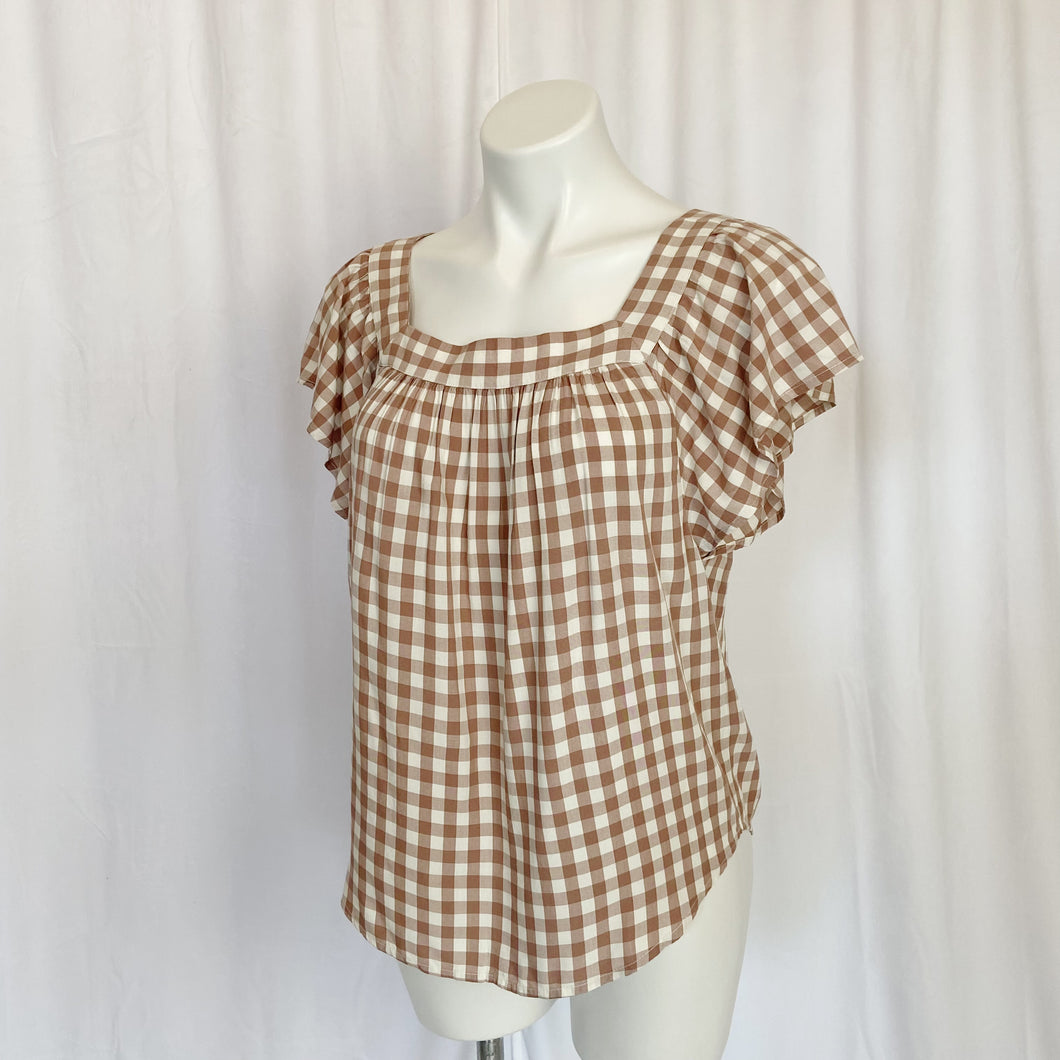 LOFT | Women's Brown and Cream Checker Print Flutter Short Sleeve Top | Size: S