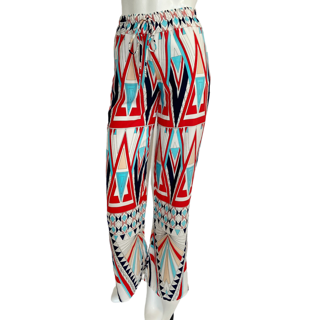 Black Bead | Womens Blue/White/Red/Peach Geometric Print Wide Leg Pants | Size: S