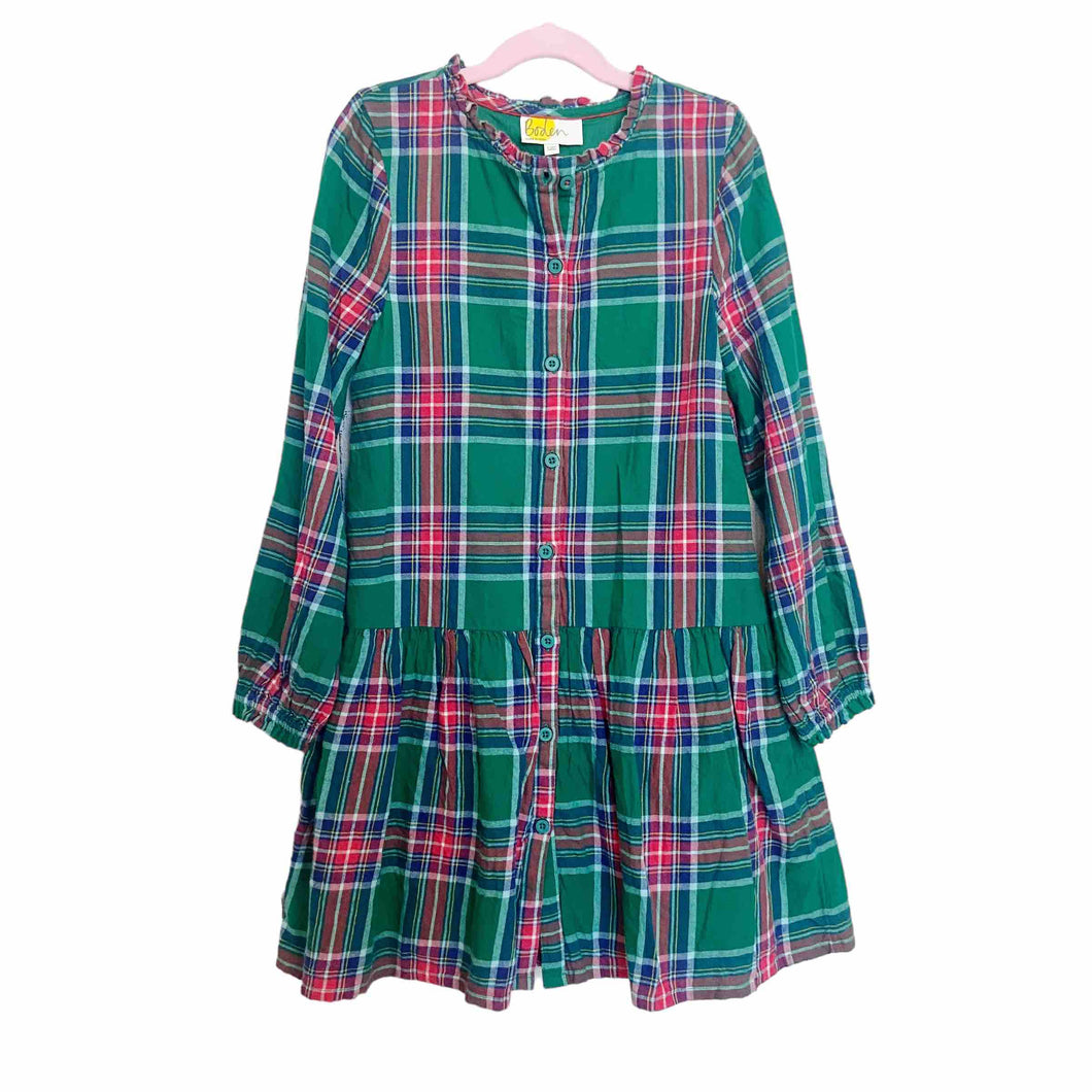 Boden | Girls Green and Red Plaid Print Button Down Long Sleeve Dress | Size: 9-10Y