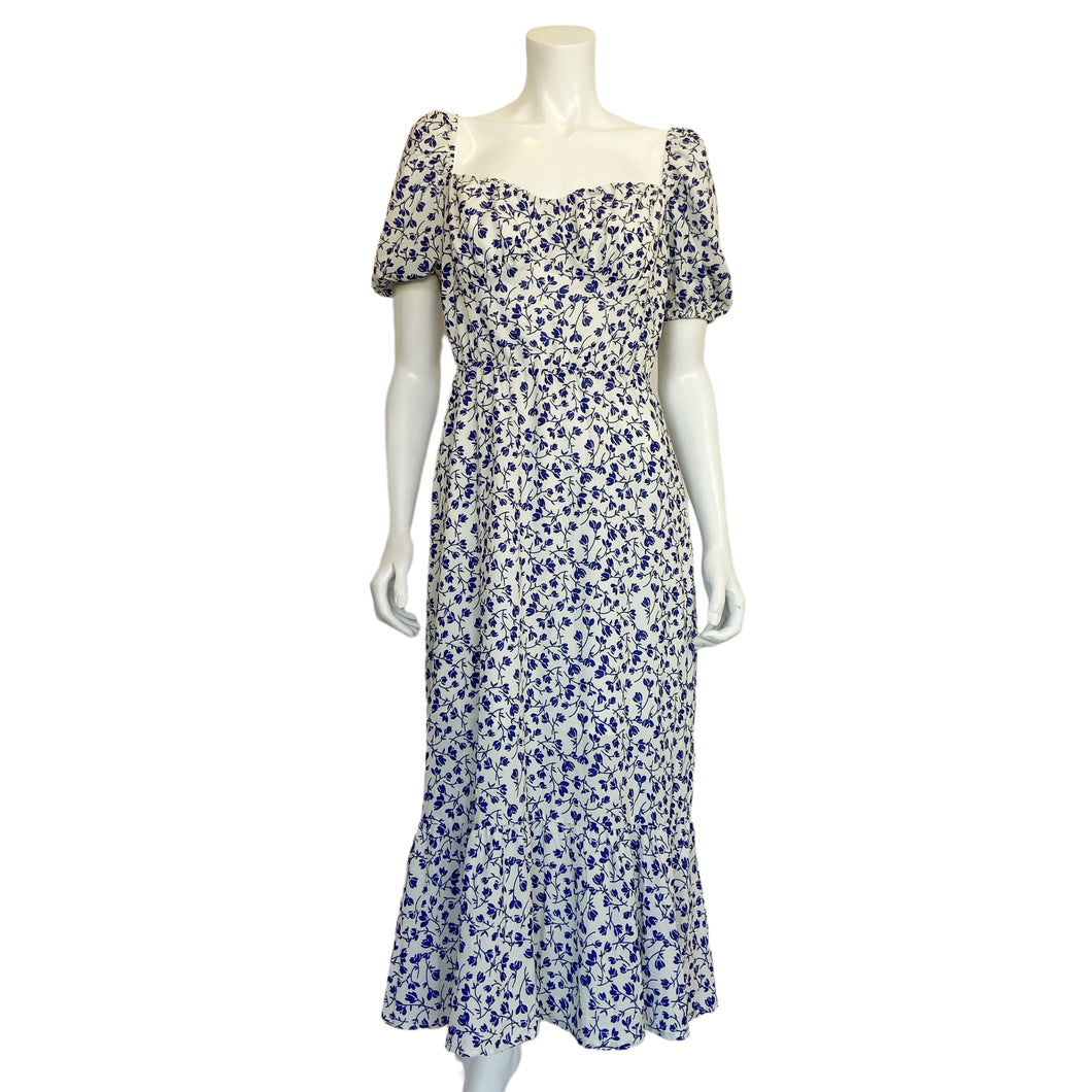 Commense | Womens Cream and Blue Floral Print Off Shoulder Midi Dress with Tags | Size: L