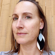 Load image into Gallery viewer, Coro Jewelry | 3 Layer Handmade Leather Earrings in Black, Ivory, and Pale Blue
