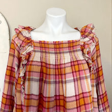 Load image into Gallery viewer, Free People | Womens Pink and Orange Plaid Ruffle Long Sleeve Smock Tie Back Top | Size: L
