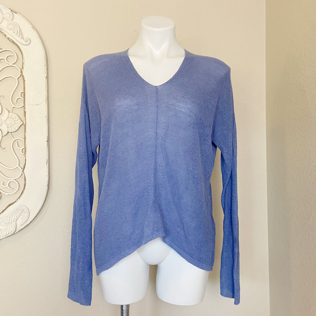 Eileen Fisher | Womens Blue Sheer Linen Blend Long Sleeve Pullover Top | Size: S