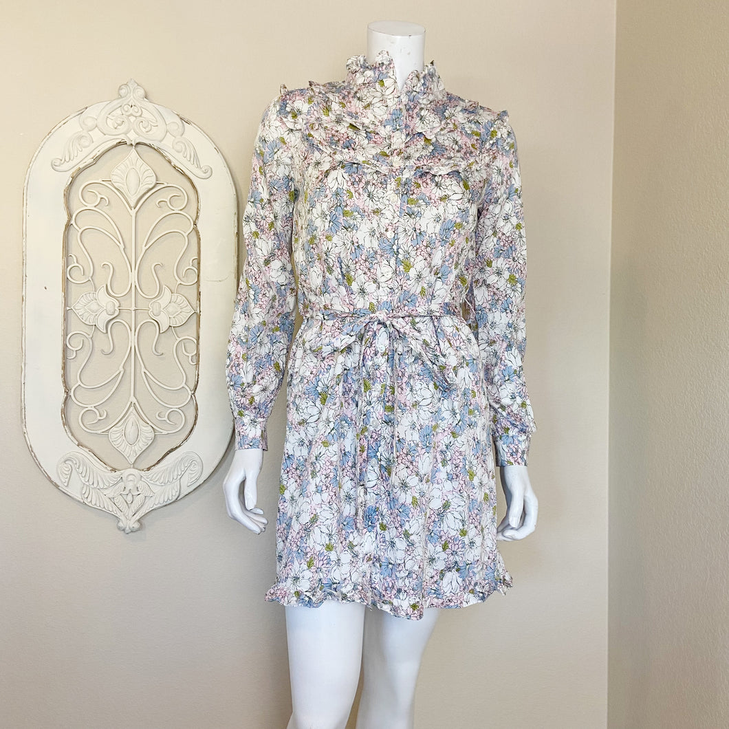 Modcloth | Womens White and Blue and Pink Floral Print Ruffle Long Sleeve Belted Button Down Dress | Size: S
