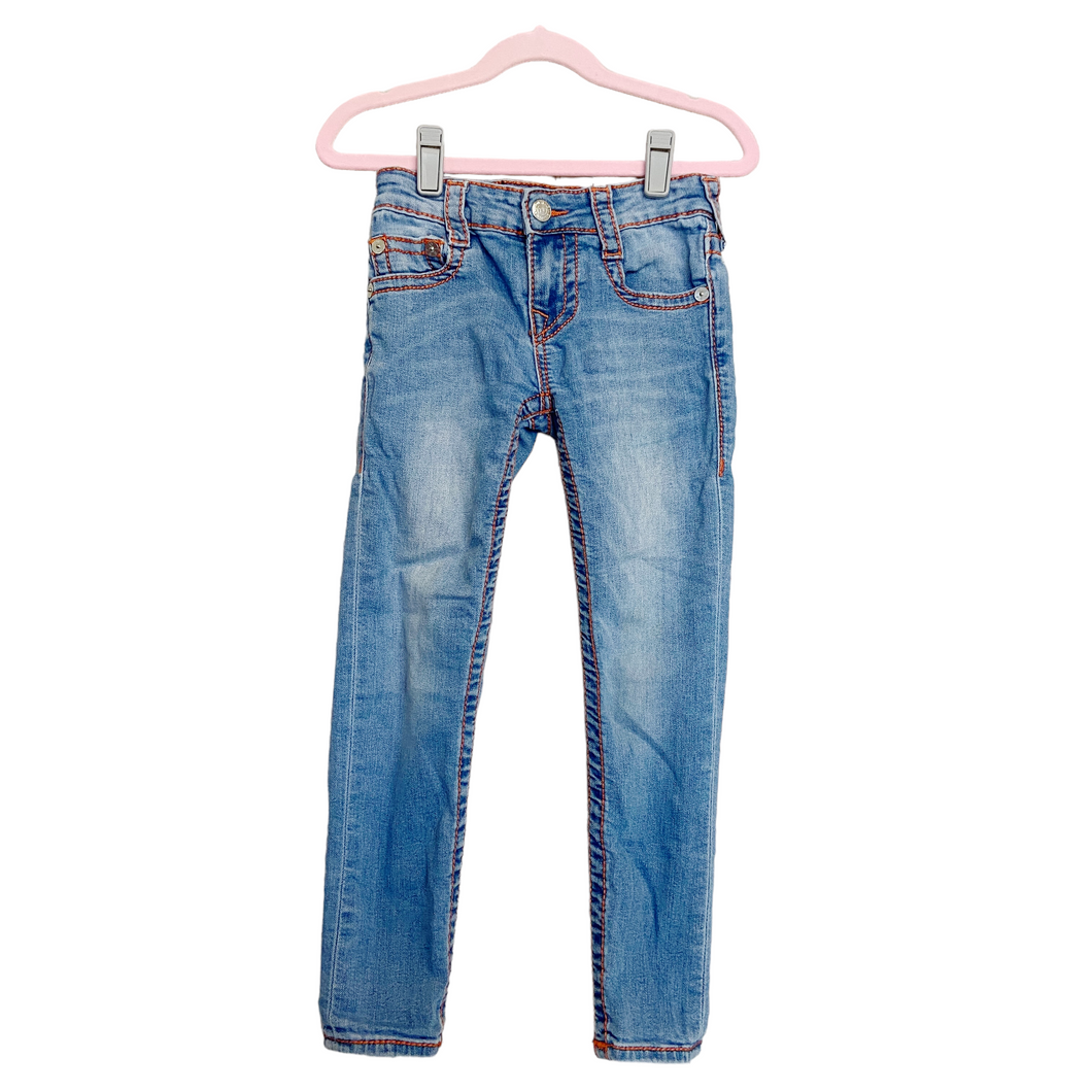 True Religion | Girl's Light Wash Orange Stitching Big T Straight Leg Jeans | Size: 6Y