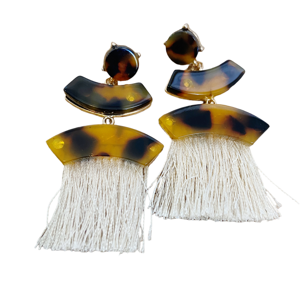 Women's Brown and Tan Cream Fringe Drop Earrings