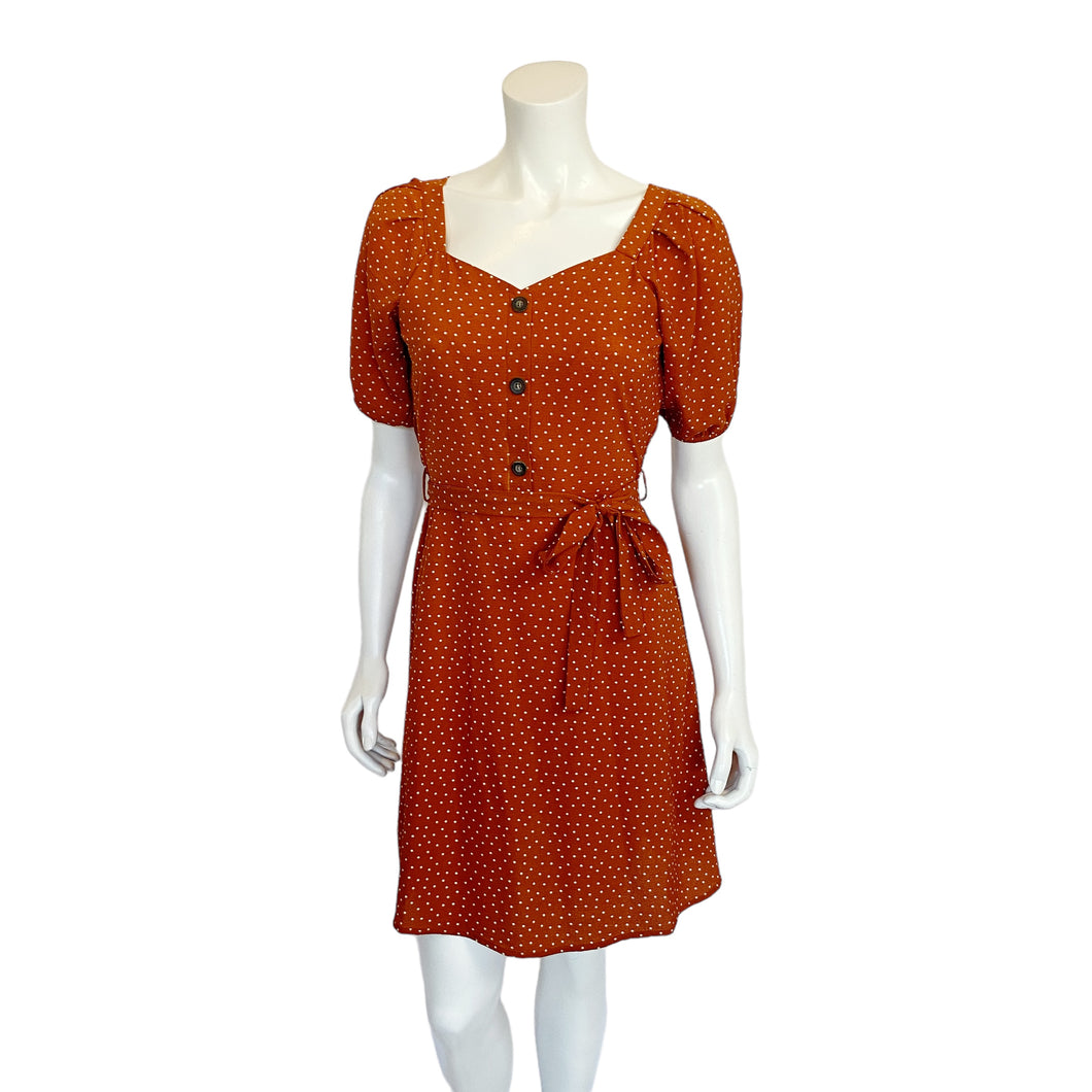 Monteau | Women's Rust Orange and Cream Polka Dot Short Sleeve Dress | Size: S