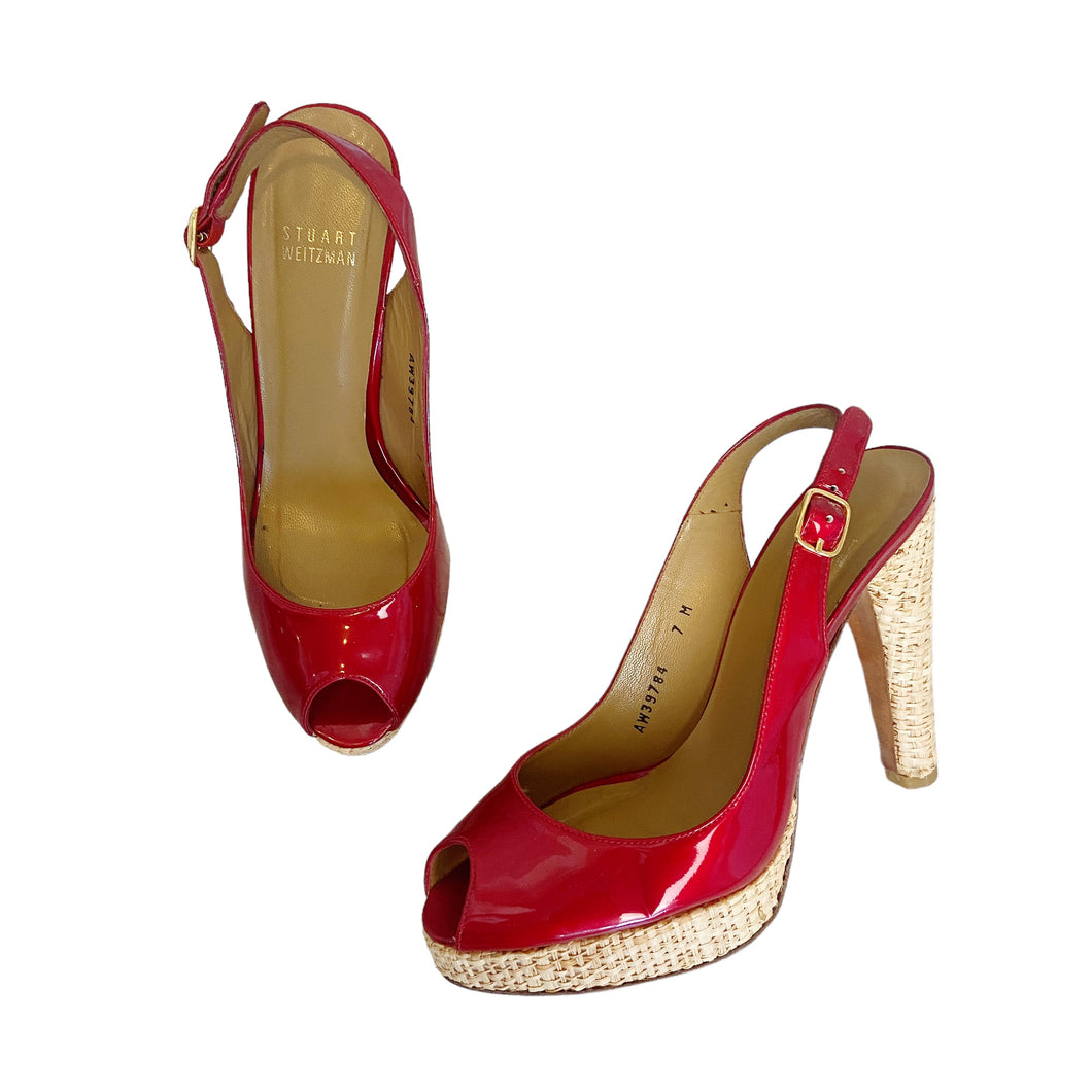 Stuart Weitzman | Women's Red Patent Peep Toe Straw Platform Slingback Sandals | Size: 7