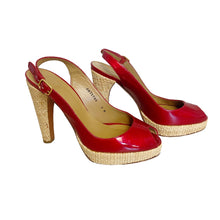 Load image into Gallery viewer, Stuart Weitzman | Women&#39;s Red Patent Peep Toe Straw Platform Slingback Sandals | Size: 7
