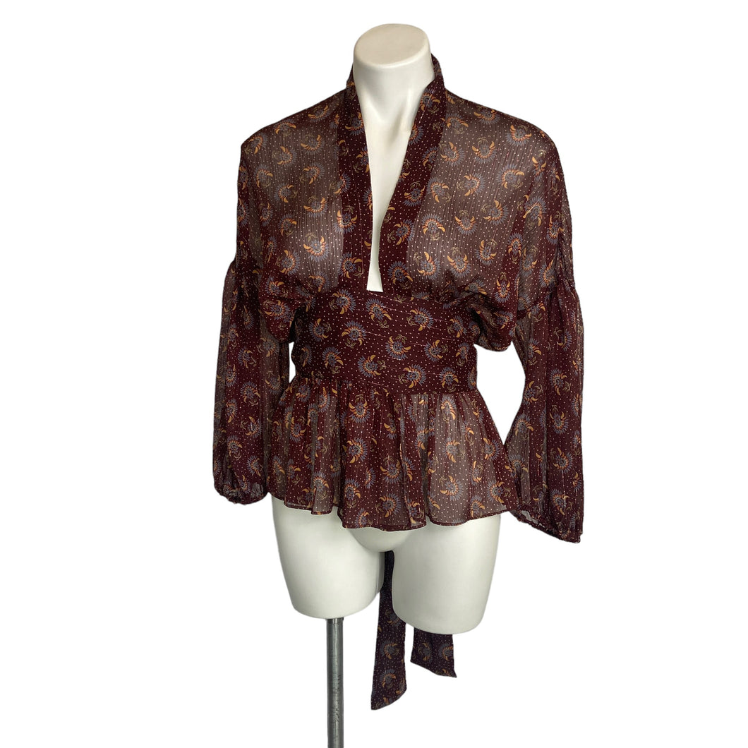 Zara | Women's Burgundy Boho Print Sheer Tie Waist Top | Size: XS
