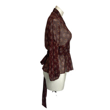 Load image into Gallery viewer, Zara | Women&#39;s Burgundy Boho Print Sheer Tie Waist Top | Size: XS
