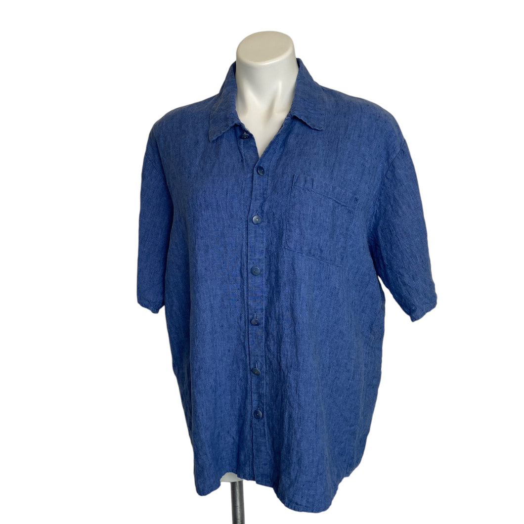 Flax | Women's Blue Button Down Short Sleeve Linen Top | Size: S
