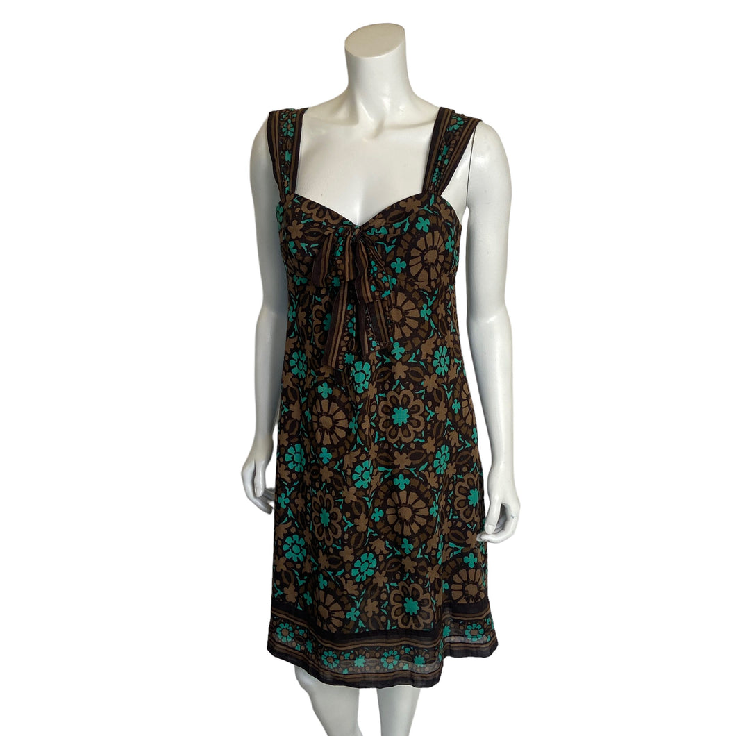 Trina Turk | Women's Brown and Teal Floral Print Cotton Dress | Size: 8